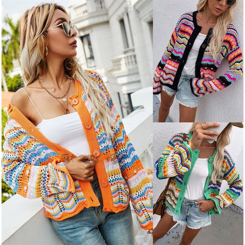 Women Hollow-out Long Sleeve Knit Striped Print Loose Sweater Cardigan – Cardigan Sweater Coat and Spring Cardigan price