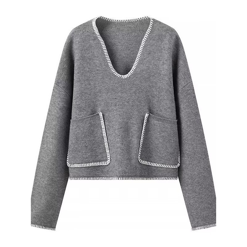 Women V Neck Pocket Long Sleeve Pullover Sweater – Pullover Sweater and Long Sleeve Sweater price