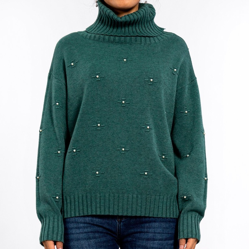 Womens High Neck Three-Dimensional Embroidery Pearl Long-Sleeved Green Sweater Pullover – Casual Sweater and Ladies Sweater price