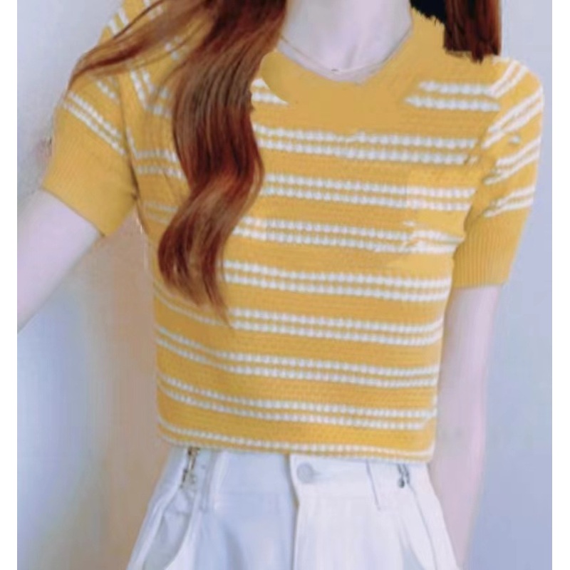 Yadi Brand New High Quality Custom Knitted Casual Style Autumn Latest Ladies Stripe Short Sleeve Knitwear Tops – Latest Ladies Stripe Short Sleeve Knitwear Tops and Knitted Sweaters price