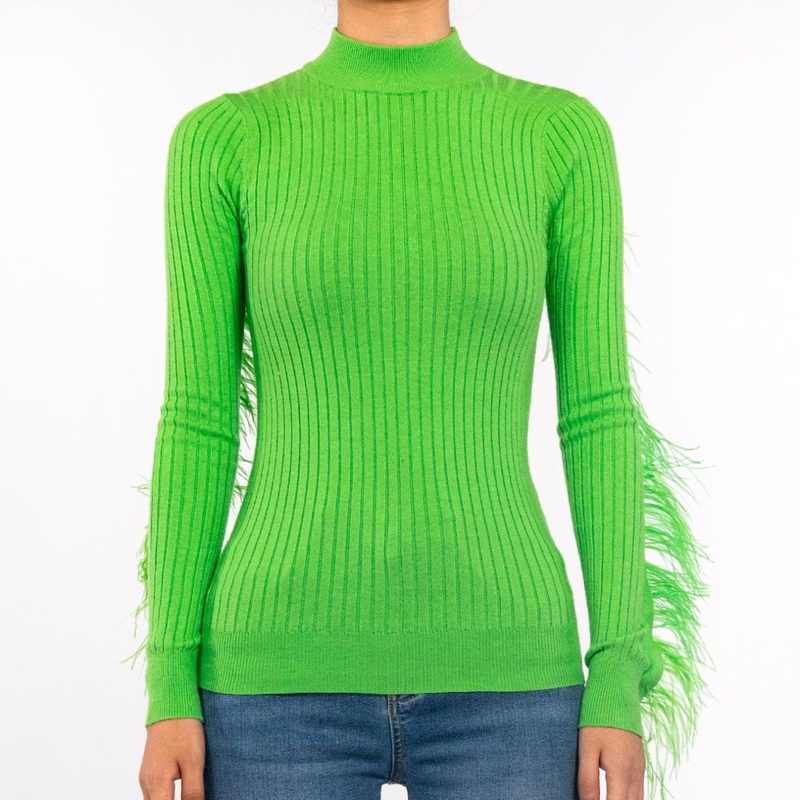 Autumn Green Slim Feather Ribbed High Neck Long Sleeve Pullover Sweater Women – Fall Clothes for Women and Pullover Sweaters price