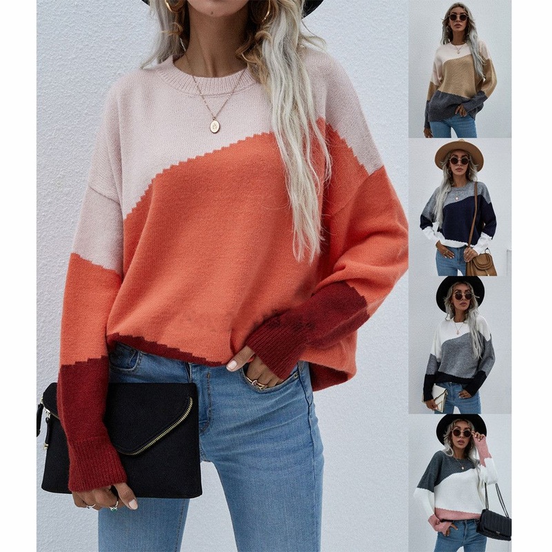 Autumn Winter Women O-Neck Stitching Color Knit Pullover Sweater – Sweater Tops for Ladies and Womens Knitted Winter Sweater price