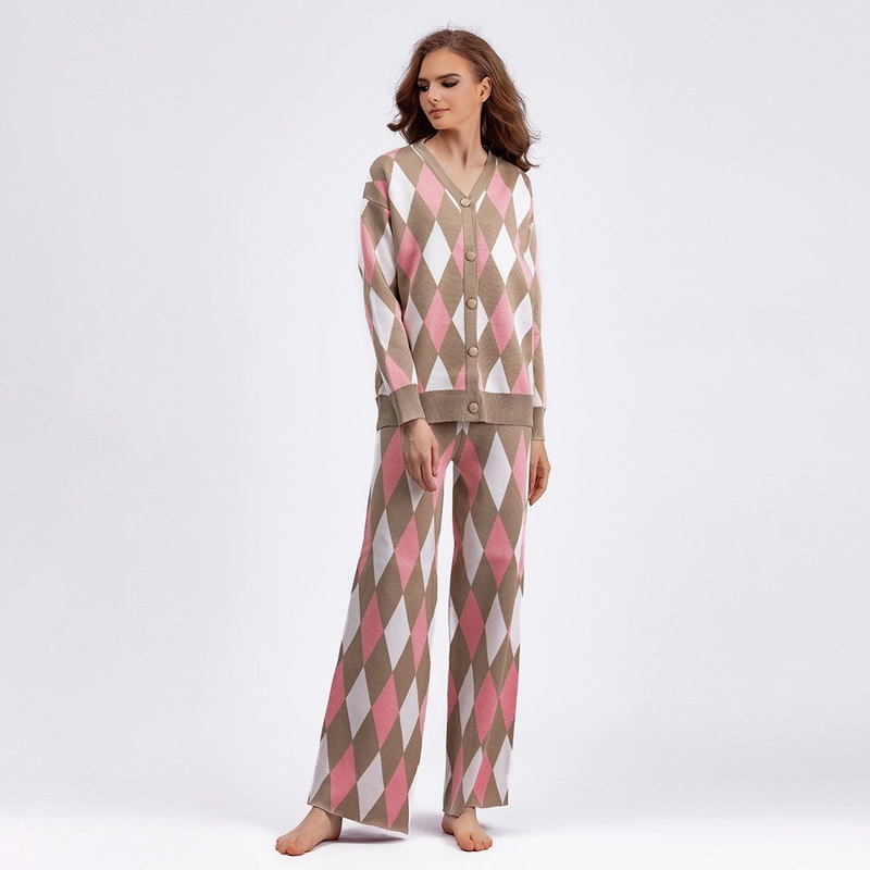 Ladies Geometric Lattice Set Loose Casual Pants and Knitted Cardigan Sweater – Daily Clothes and Basic Garments price