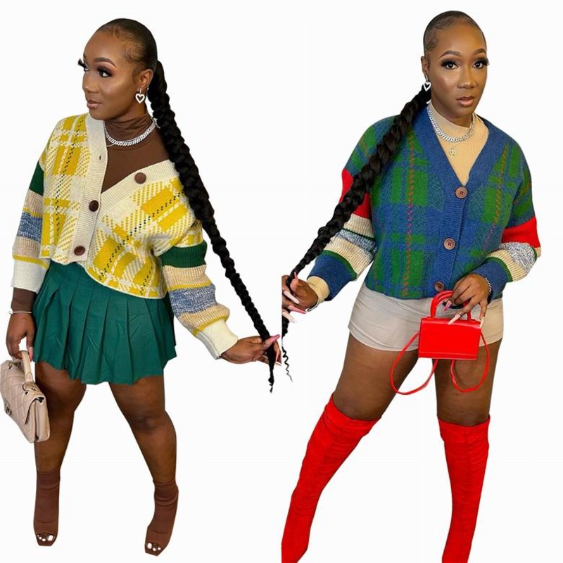Manufacturers V-Neck Jacquard Cardigan Women Ribbed Knit Short Womens Sweater – Sweater and 1: 1 Sweater price