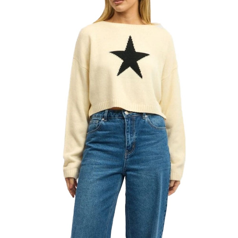 Stylish Beige Womens Sweater Featuring Black Star Jacquard Design – Women Clothing and Womens Sweater price