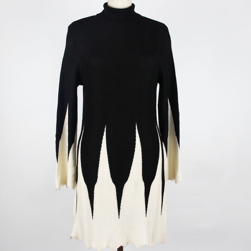 Winter Black and White Contrast Colour Ladies Knitted Dress Women Knitting Long Sleeve Turtleneck Jacquard Sweater OEM Service – Sweater and Ladies Sweater price