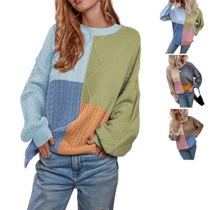 Winter Casual Lantern Sleeve Splicing Loose Women Pullover Sweater – Pullover Sweater and Custom Knit Sweater price