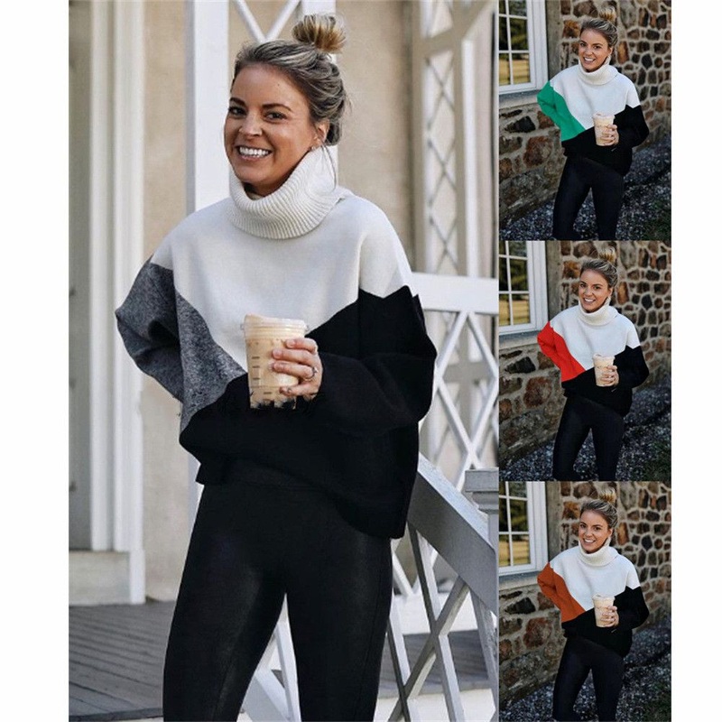 Winter Women Turtleneck Casual Stitching Color Knit Pullover Sweater – Womens Knitted Winter Sweater and Pullover Sweater price