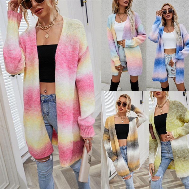 Autumn Winter Women Long Knit Rainbow Tie Dye Sweater Cardigan – Cardigan Sweater Coat and High Quality Sweaters price
