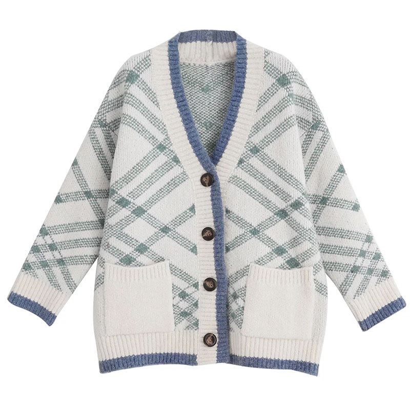 Contrast Colour Edge Twill Plaid Spring Ladies Knitted Cardigan Women Knitting Long Sleeve Sweater – Sweater and Ladies Sweater price