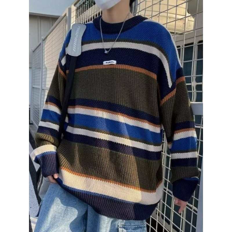 New Retro Contrasting Striped Round Neck Knitted Sweater Men Trendy Brand Loose Fitting Couple Casual Versatile Pullover Sweater – Versatile Pullover Sweater and V Neck Pullover price