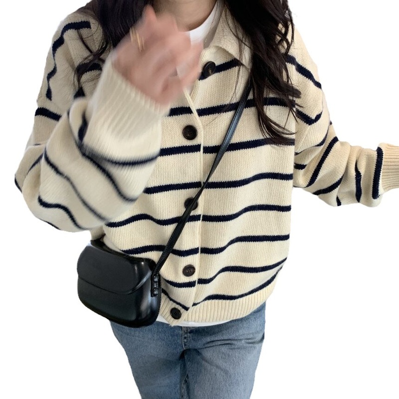 Nnr Custom Factory Ladies Black White Striped Knitting Pattern Buttoned Down Pocket Women Cardigan Sweater – Sweater and Women Sweater price