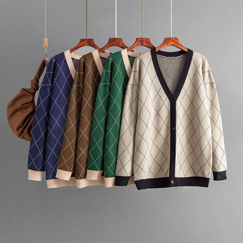 Spring Autumn Korean Style Jacquard Coat Thick Loose Outdoor Christmas Sweater V-Neck Single Breasted Argyle Knitted – Argyle Cardigan Sweater and Women Pullover price