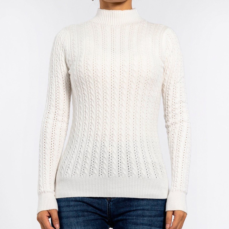 Spring Knitted MID-High Collar Hollow Twist Long Sleeve Pullover White Sweaters for Women – Knit Sweater and Knit Tops price
