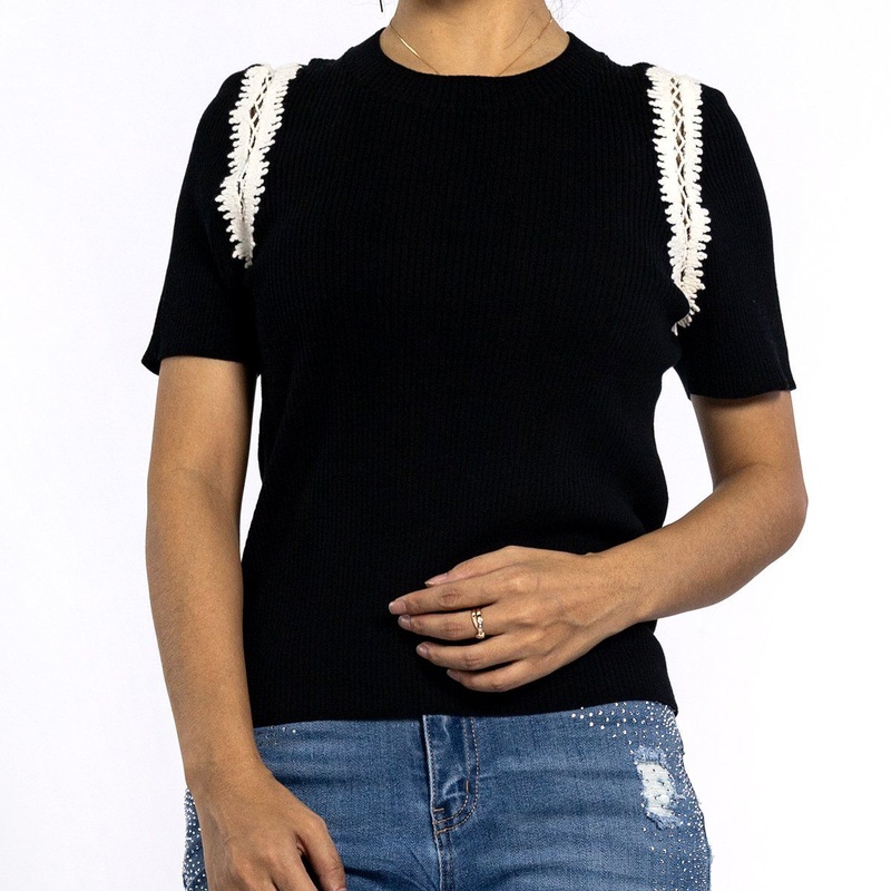 Summer Classic Round Neck Embroidered Lace Ribbed Black Womens Sweaters – Sweater Shirt and Women Sweater price
