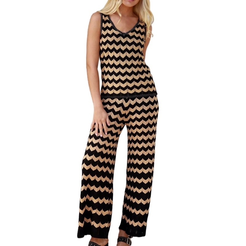 Trendy Knit Stripe Two-Piece Sweater Set: Tank Top with Matching Pants – Womens Knit Sweater Set and Loose Pants Sweater Set price