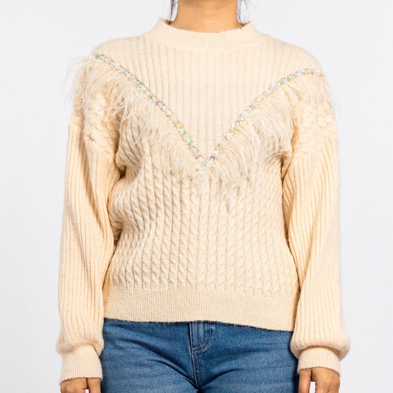 Winter Knitted Round Neck Feather Tassel Woven with Beads Long Sleeve Pullover Womens Sweaters – Knit Top and Women Sweater price