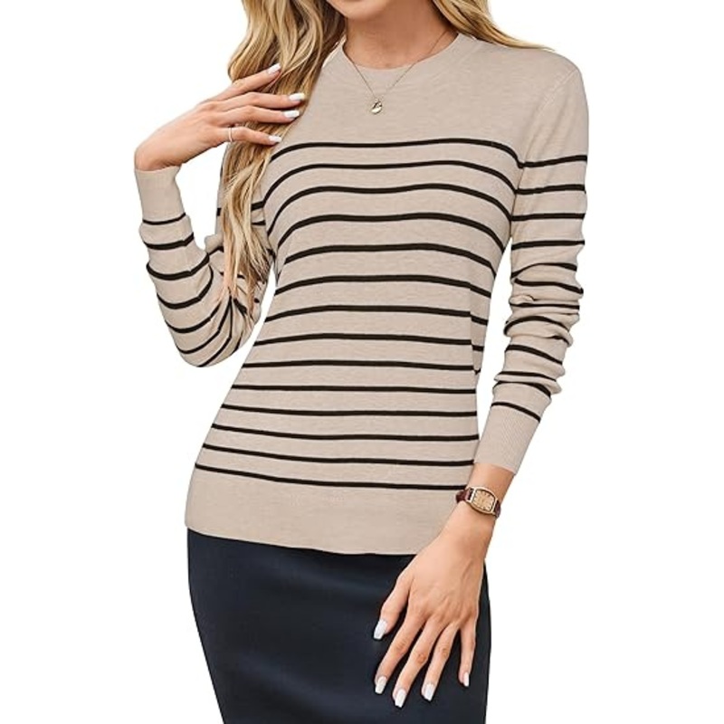 Women Crewneck Knitted Sweater Striped Pullover Sweater for Women – Striped Pullover Sweater for Women and Women Casual Sweater price