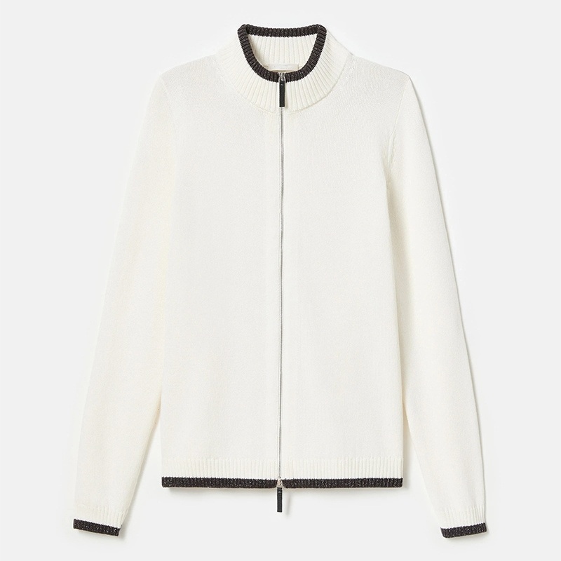 Womens Cotton-Silk Blend Tape Tipped Stand Collar Cardigan – Tape Tipped Collar Cardigan and Cotton-Silk Blend Cardigan price