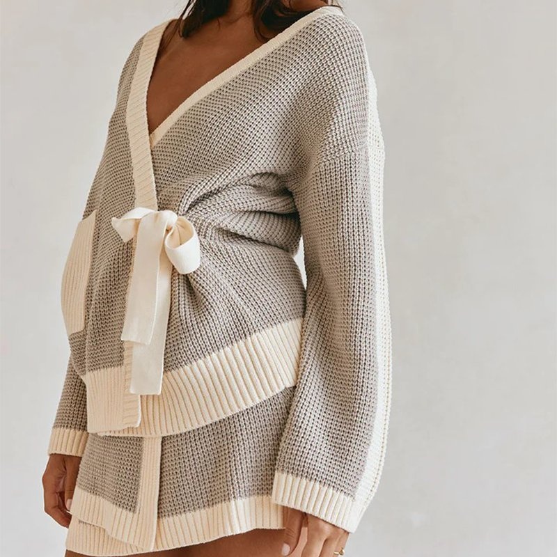 Womens Knitted Set V-Neck Tie-Front Long-Sleeve Top & Buttoned Mini Skirt – Womens Knitted Set and V-Neck Knitted Top price