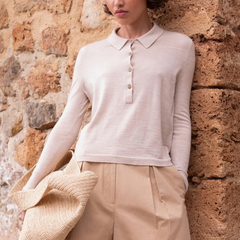 Womens Ultra Thin Soft-Touch Knitted Long Sleeve Oat Pullover Buttoned Polo Sweater – Womens Ultra Thin Pullover and Soft Touch Knitted Pullover price