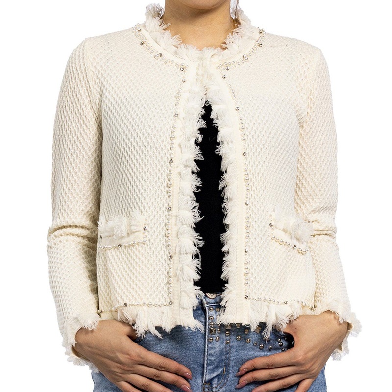 Autumn Tassel Pearl Long Sleeve Knitted Wool Sweater Jacket White Cardigan for Women – Sheer Cardigan and Sweaters for Women price
