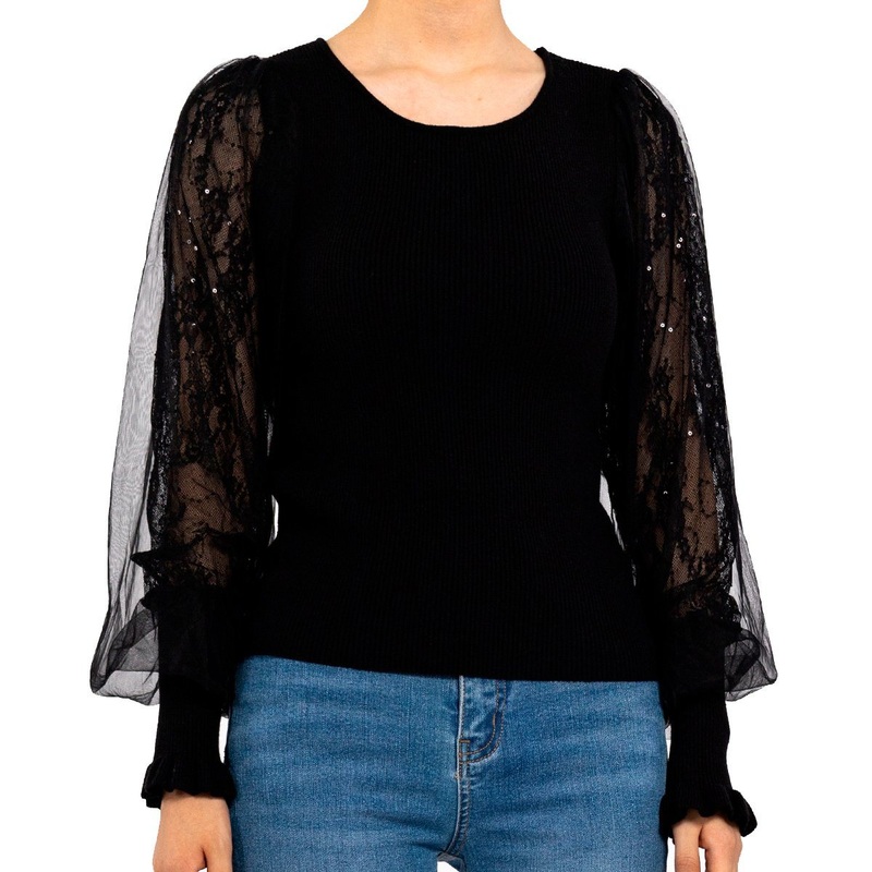 Casual Lace Sequin Bubble Sleeve Skinny Black Sweater for Women – Women Sweater and Knitwear price