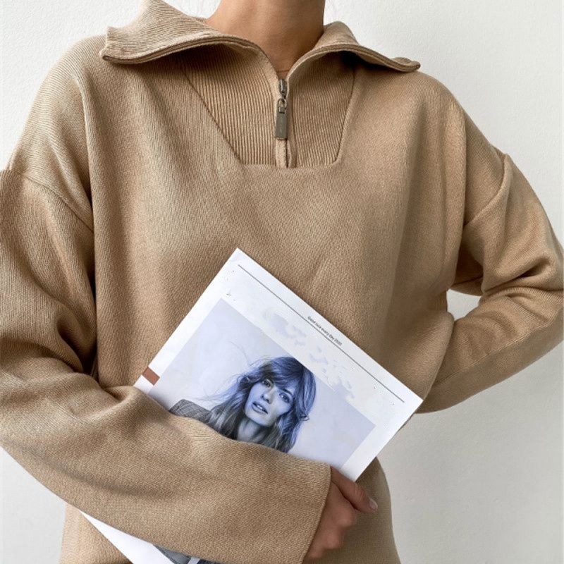 Casual Long Sleeve Polo Collar Zipper Women Pullover Sweater – Casual Knit Sweater and Pullover Sweater price