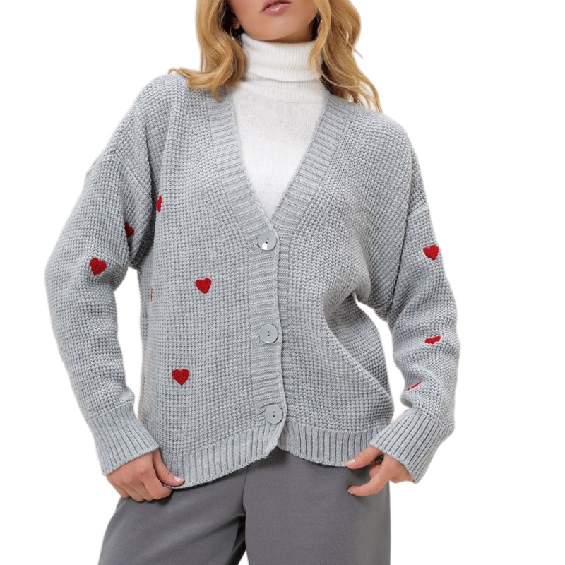 Cozy Grey Knit Cardigan Sweater with Heart Embroidery for Women – Womens Clothing and Cardigan Sweater price