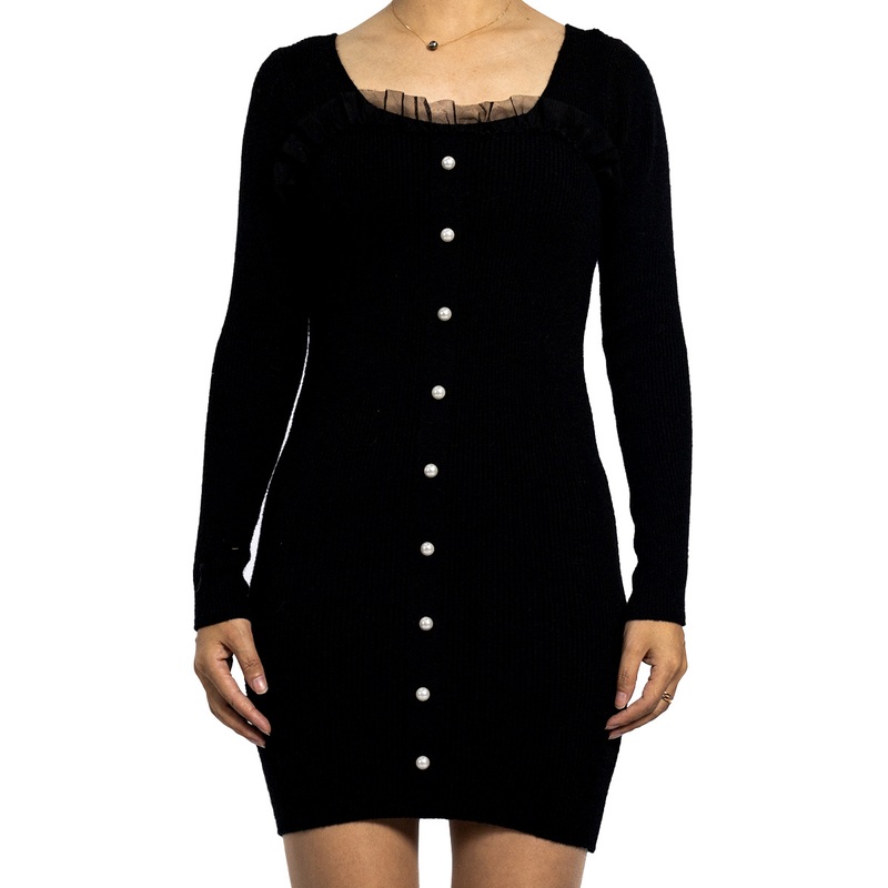 Spring Pearl Lace Long Sleeve Sweater Wrap Dress Black Slim Womens Dresses – Knit Dress and Wedding Dresses price