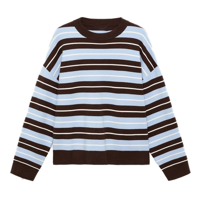 Stylish Blue Knit Stripe Oversized Drop Shoulder Long Sleeve Sweater for Women – Women Sweater and Stripe Sweater price