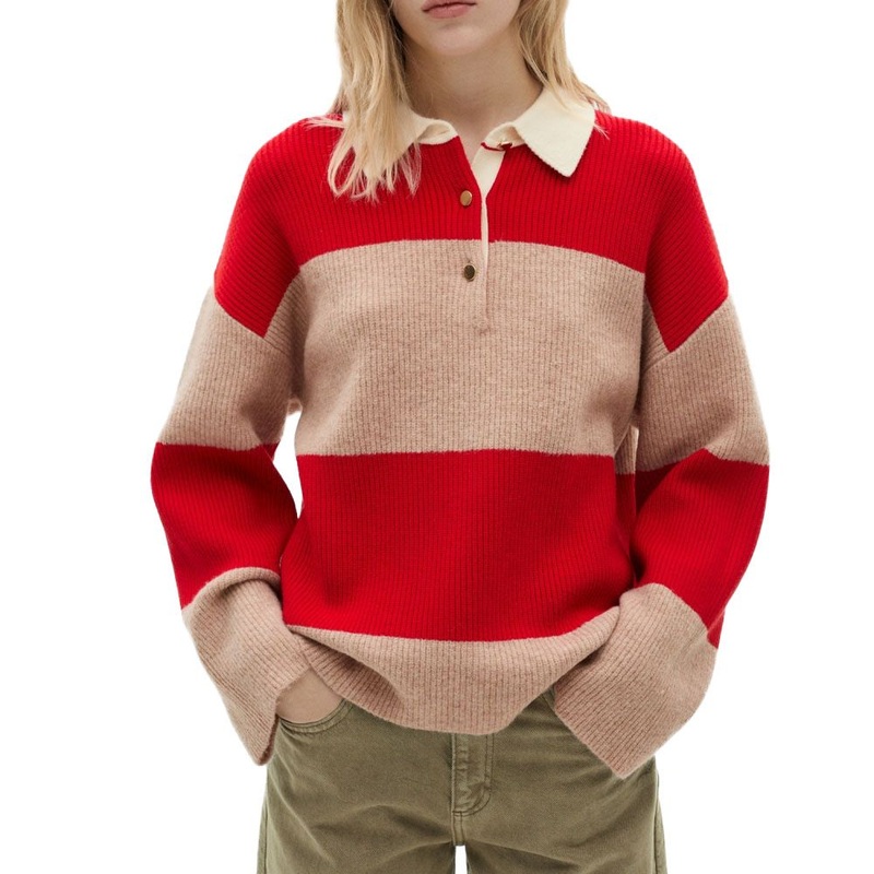 Stylish Red Stripe Polo Neck Pullover Sweater for Women – Women Sweater and Stripe Sweater price