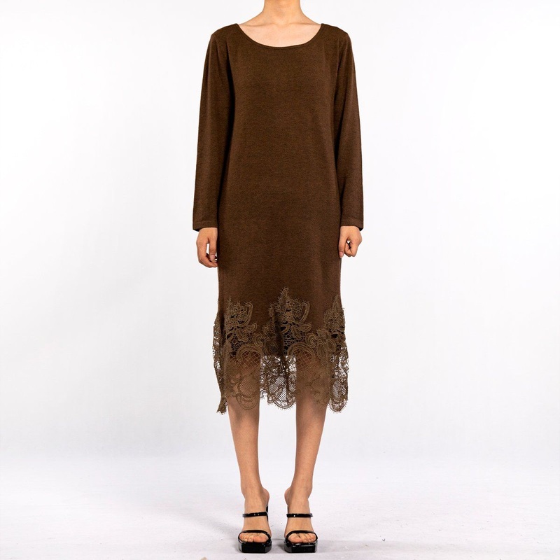 Womens Brown Round Neck Long Sleeve Loose Lace Lightweight Pullover Sweater Dress – Casual Dress and Club Outfits for Women price