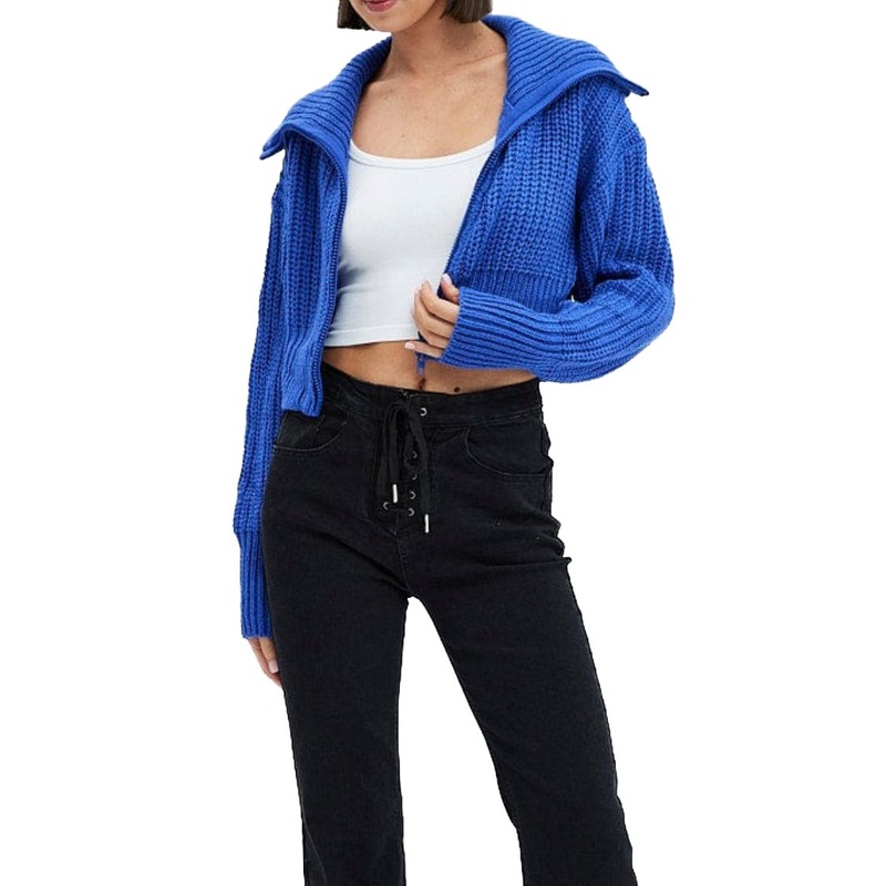 Womens Navy Blue Zippered Knit Crop Cardigan Sweater Fashion – Womens Clothing and Women Clothes price