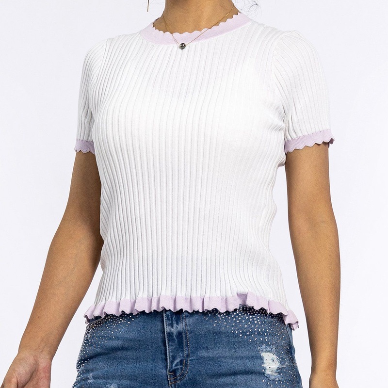 Womens Summer Short-Sleeve Patchwork Hem Ribbed Pullover White Sweaters for Women – Pullover Sweater and Sweaters for Women Trendy price