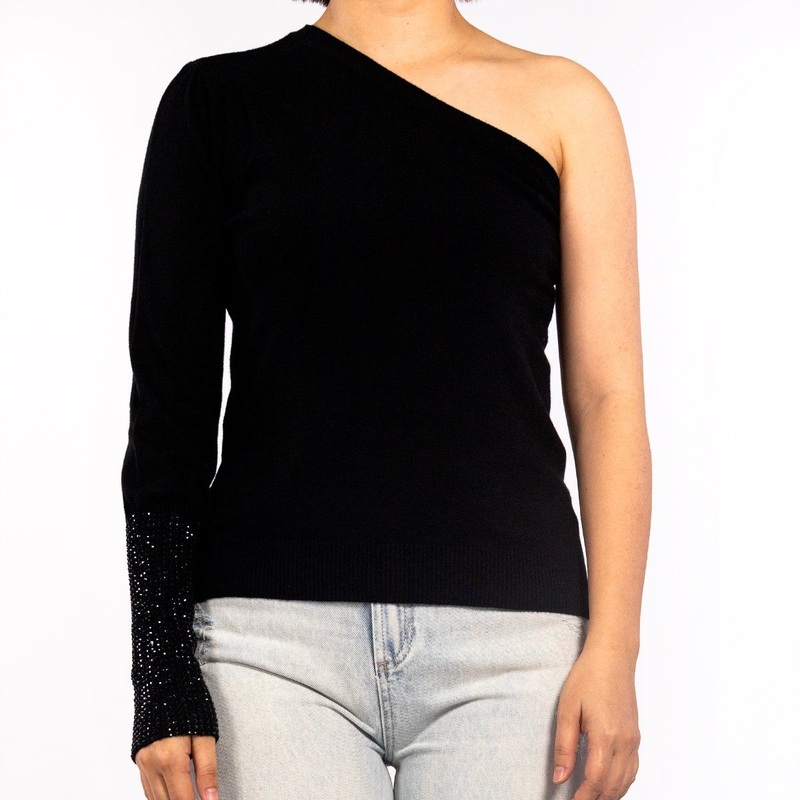 Black Knit Top Strapless Hot Rhinestone Single Sleeve Pullover Sweater for Women – Knitted Shirts and Sexy Sweater price