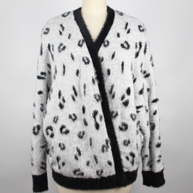 Hairy Leopard Jacquard Ladies Knitted Cardigan Women Knitting Long Sleeve V-Neck Sweater – Sweater and Ladies Sweater price