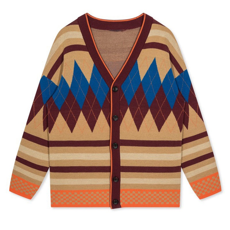 Knitted Cardigan Sweaters for Men Contrast Colour Jacquard Loose Knitwear Long Sleeve Top – Sweater and Men Sweater price
