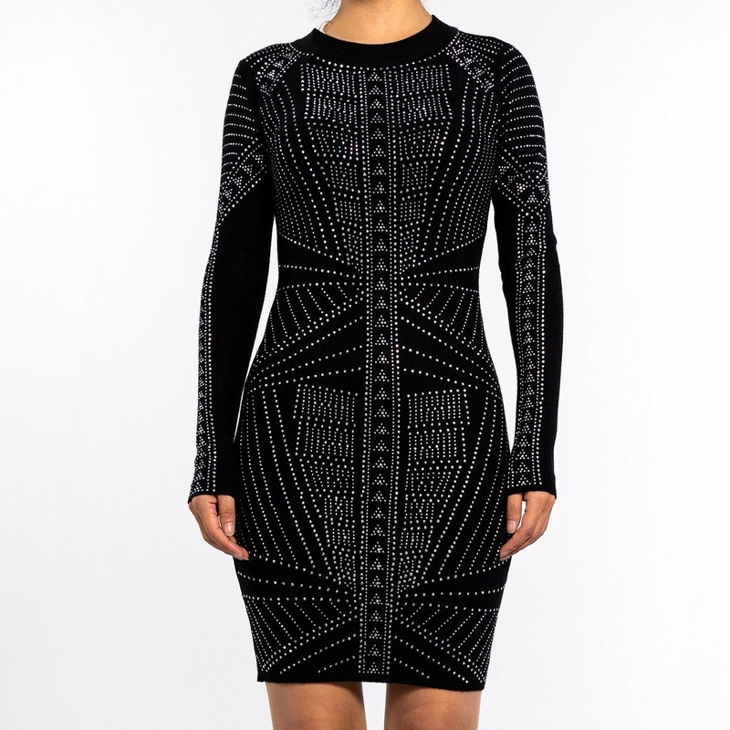 Long Sleeve Round Neck Hot Drill Package Knit Wrap Black Dress for Women – Long Sleeve Dress and Black Dress price