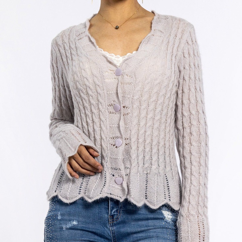 Summer Purple Hollow Wooden Ear Edge V-Neck Long Sleeve Short Sweater Womens Cardigan – Sheer Cardigan and Sweaters for Women price