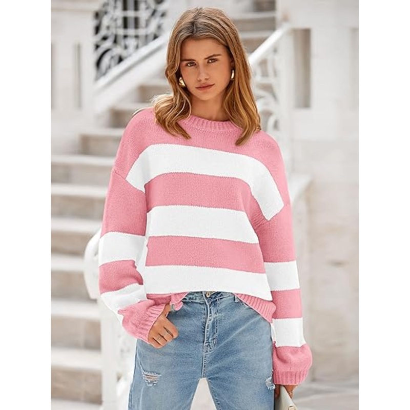 Women Casual Lantern Long Sleeve Striped Pullover Sweater – Knit Pullover Sweater and Casual Chunky Knit Pullover price