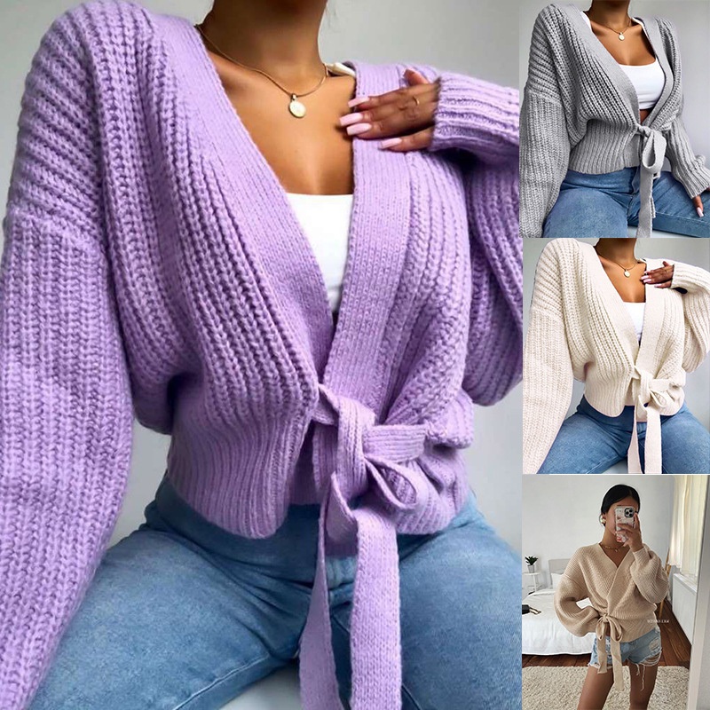 Women Designer Bandaged Solid V Neck Knit Sweater Cardigan – Short Sweater and Custom Sweaters price