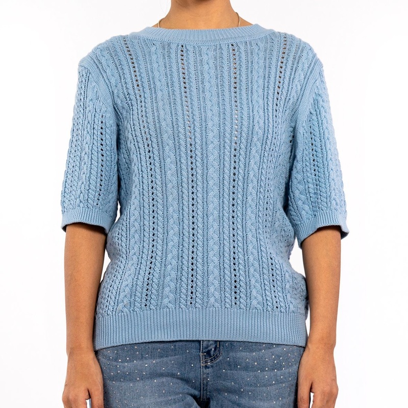 Womens Blue Hollow Hemp Pattern Round Neck Slim Lightweight MID Sleeve Summer Sweater – Womens Sweaters Dressy and Knitwear price