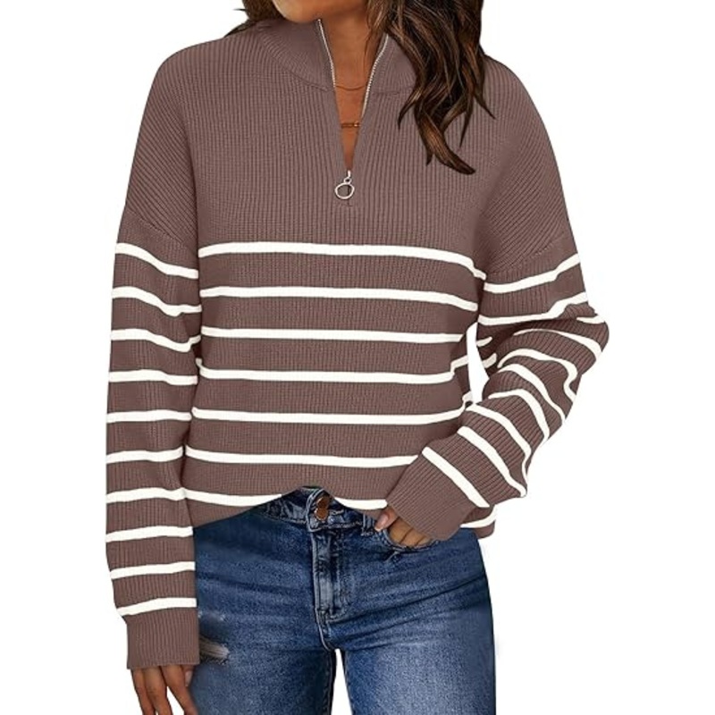 Womens Quarter Zip Striped Oversized Sweater 2025 Mock Turtleneck Fall Fashion Outfit – Womens Quarter Zip Striped Sweater and Striped Oversized Sweater price