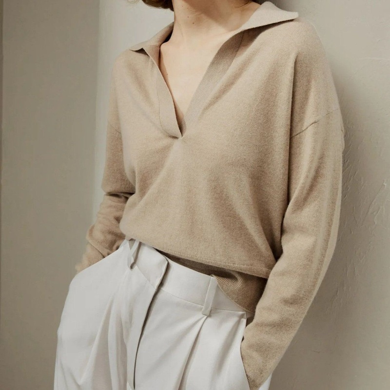 100% Cashmere Knitted Womens Fashion Jo V-Neck Polo Crop Classic Pullover Sweater – Sweater and Cashmere price
