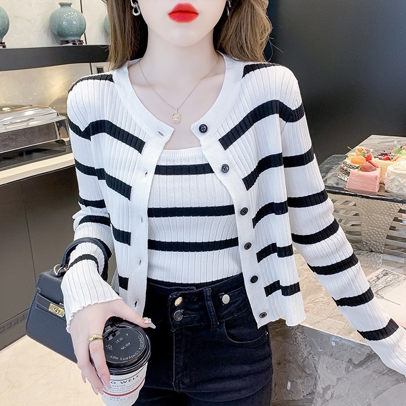 Autumn Thin Long Sleeved Sweater Jacket Womens Small Fragrance Short Style Striped Knitted Cardigan Autumn Womens Top Cardigan – Womens Top Cardigan and Women Cardigan Coat price