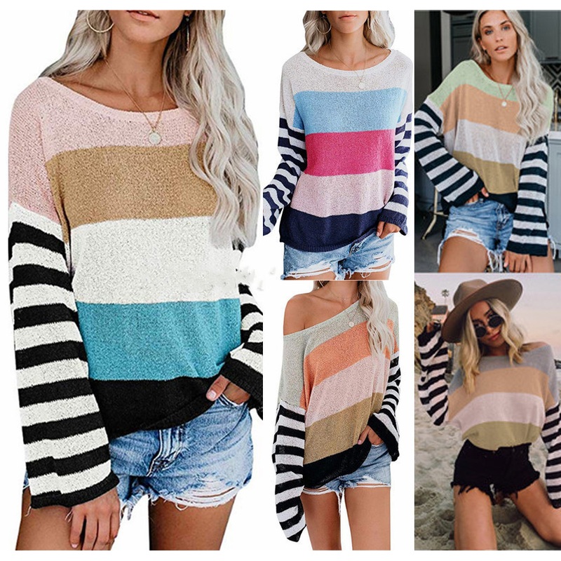 Autumn Winter Women Striped Stitching Color Knit Pullover Sweater – Womens Knitted Winter Sweater and Pullovers Lady Sweater Knitted price