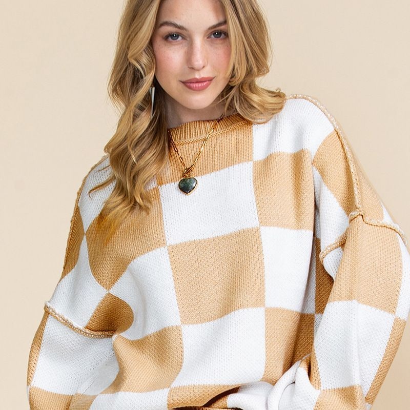 Casual Style Chequered Printed Long-Sleeved Top Womens Autumn Thermal Turtleneck Sweater – Color Contrast Element and Casual Top price