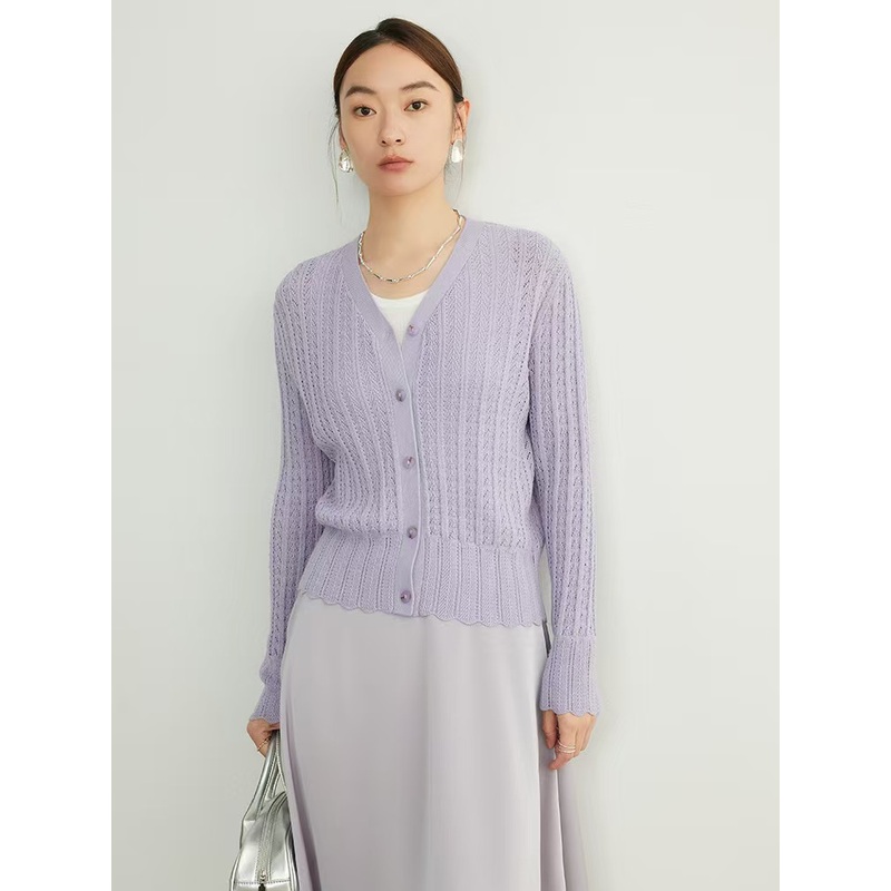 Custom High Quality Ladies Luxury Pointelle Hollow Cardigan Women V Neck Merino Wool Soft Cardigan Sweater – Women Sweater and Ladies Cardigan price