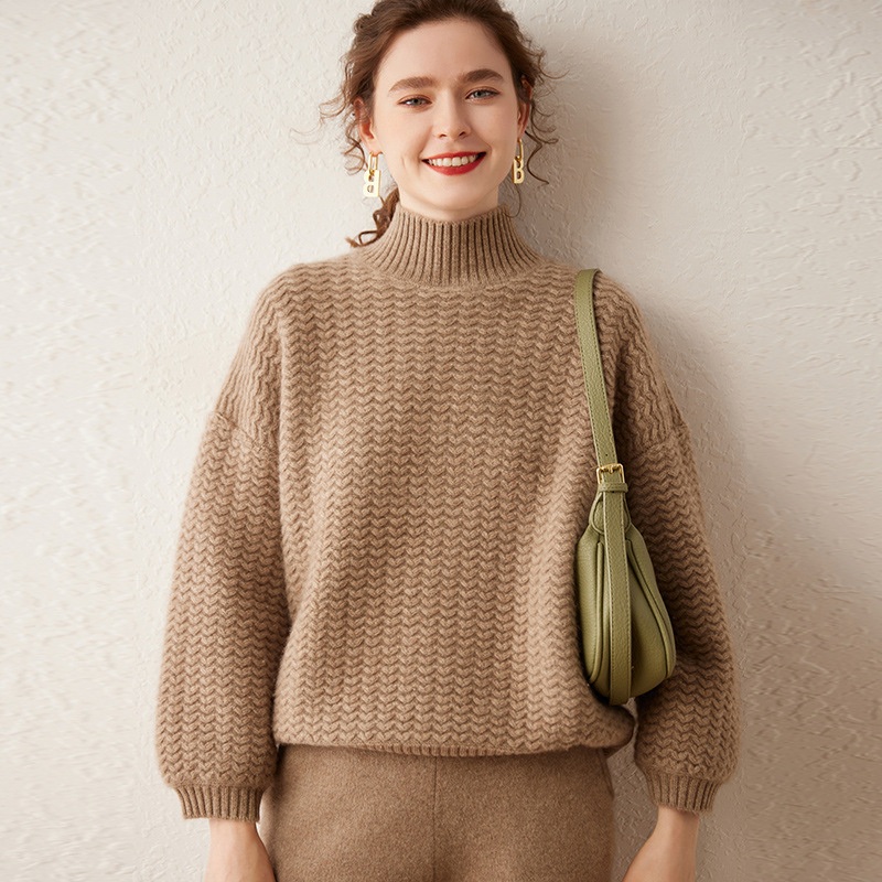 Half High Neck Cashmere Bubble Sleeve Warm Loose Thickened Pullover Sweater for Lady – Everyday Clothing and Womens Garments price